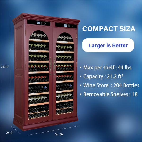 Commercial-Grade Dual-Zone Wine Cooler Cabinet with Solid Wood Construction and Arched Glass Door