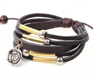 Quality Metal rose charm multi strands leather bracelet for men and women for sale