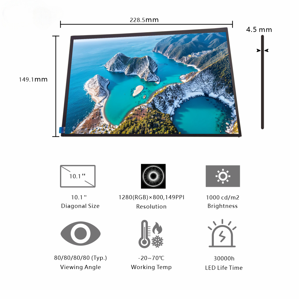 10.1-Inch Widescreen TFT Display with 1280×800 Resolution and 1000cd/m² High Brightness for Industrial Applications