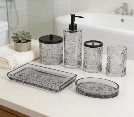 Smoke luxury glass bathroom accessories set round with vintage pattern bath kit soap dish tumbler