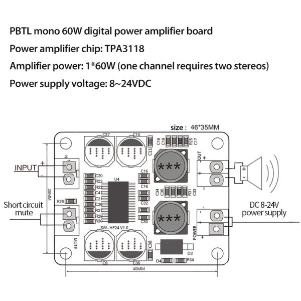 TPA3118 Series 60W Mono Digital Audio Power Amplifier Board with DC 8-24V Class D Amplifier Module