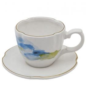 Quality Ceramic Tea Cup And Saucer Set European Style White Stoneware Ceramic Print Coffee Water Mug Cup for sale