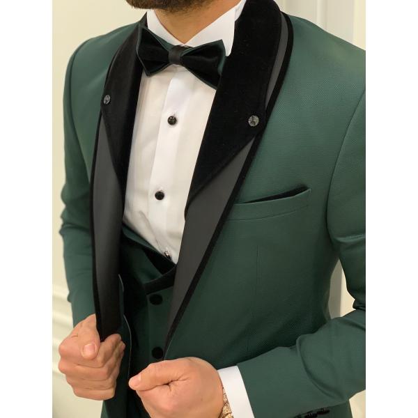 Infinite Green Slim Fit Velvet Mens Peak Lapel Tuxedo