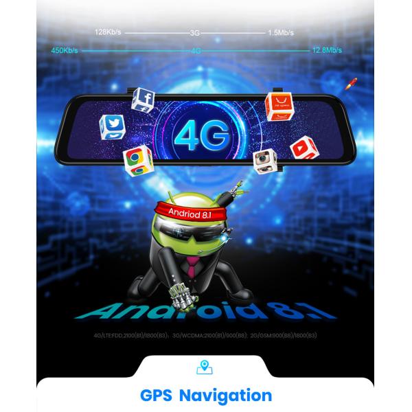 1080p 12 Inch 4G 2GB RAM HDR Dashcam Bluetooth android mirror dash cam