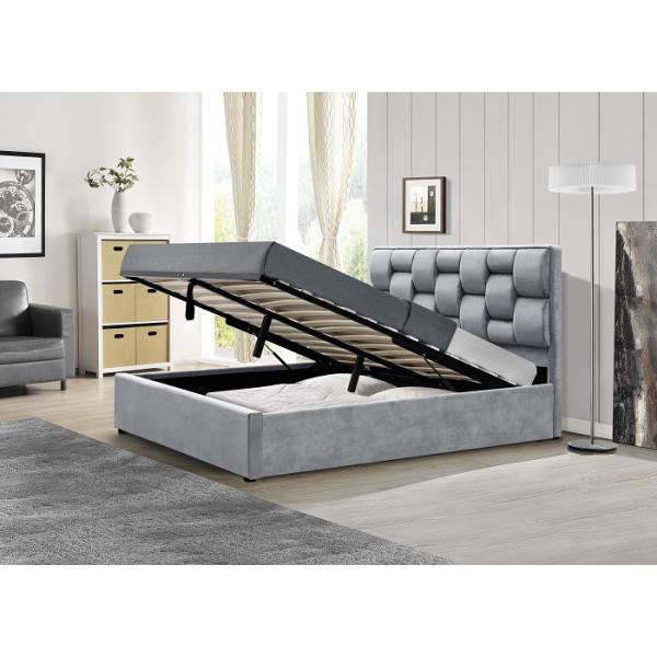 Grey Velvet Fabric Storage Bed Frame With Tufted High Headboard