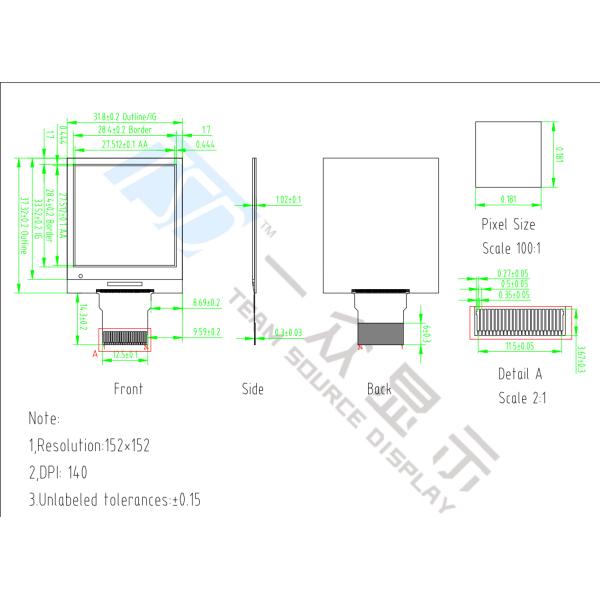 1.54 inch 152x152 E ink Display 4 wire SPI or I2C Interface TSE154SQWU-51D