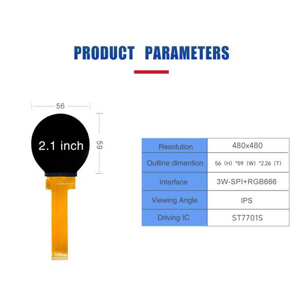 2.1 Inch Circular TFT LCD Display 480x480 Resolution SPI+RGB IC ST7701S