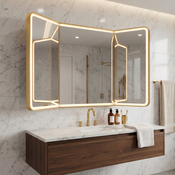 Kingstin Luxury Smart LED Tri-fold Mirror Bathroom Vanity Mirror with Bluetooth Music Anti-fog 3 Color Temperature Customizable