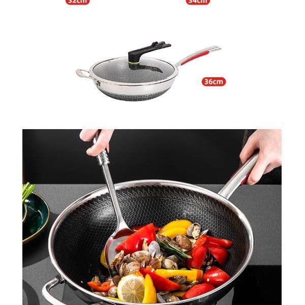 Hot Selling Kitchen 32cm Induction Wok Pan SUS 304 Stainless Steel Honeycomb Non-stick Frying Pan