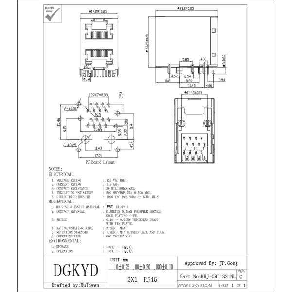 KRJ -5921S21NL Shielded Rj45 Connector 8 Pin Modular Jack 2x1 Offset Stack Jack