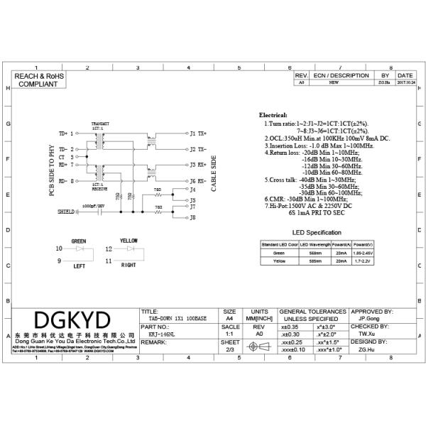 Single Port 10 / 100 BASE-T RJ45 Integrated Magnetics Jack, G/Y led