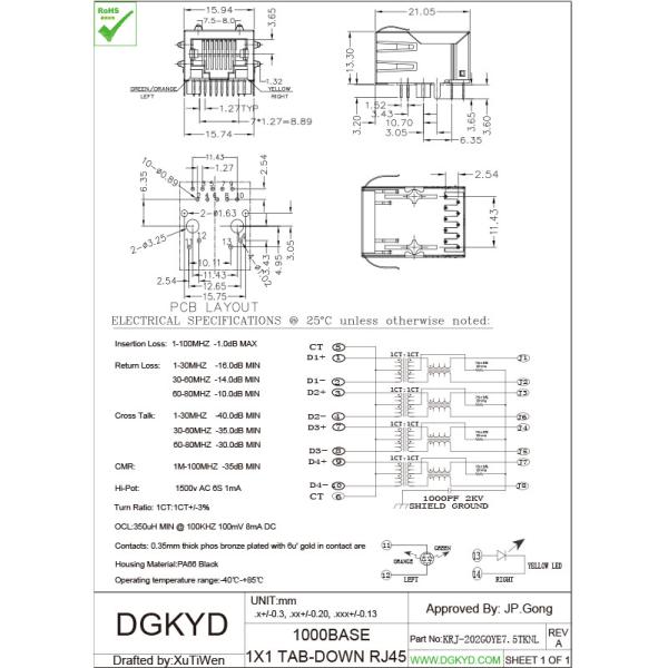 Fiber Optic Transceivers RJ45 Magnetics connector gigabit network HR911130A OEM