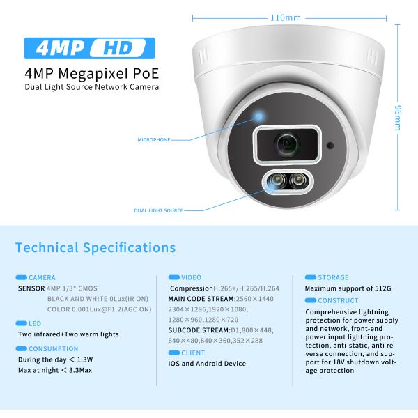 Cctv System Hd 4mp Monitor Motion Tracking Audible light Alarm Dome Camera Audio Input Output Network Camera