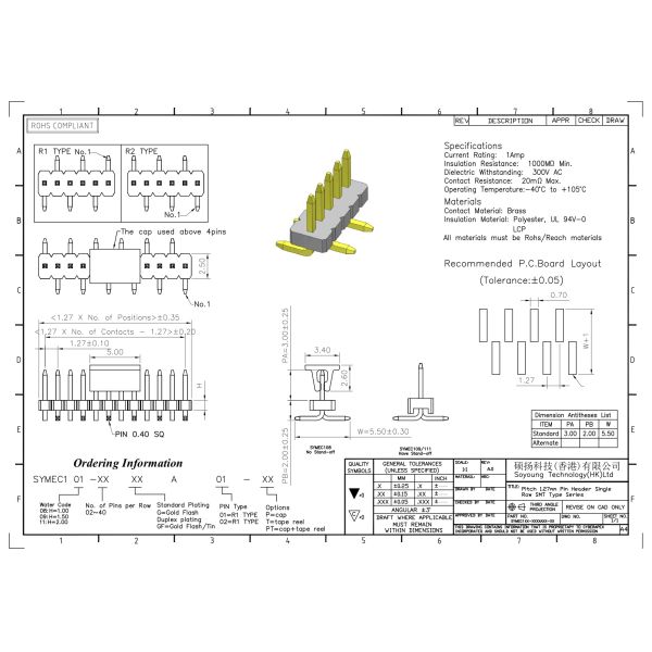 Single Row Pin Headers Connectors Straight SMT Type 1*2PIN To 1*40PIN