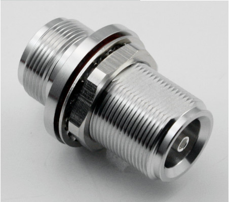 RF connector 4.3-10 female to 4.3-10 female adapter with tooth washer and hex nut all brass 50ohm