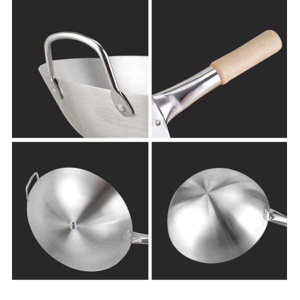 Restaurant Hotel Steel Kitchen Wok Pan With Wooden Handle Stainless Steel 201 Wok