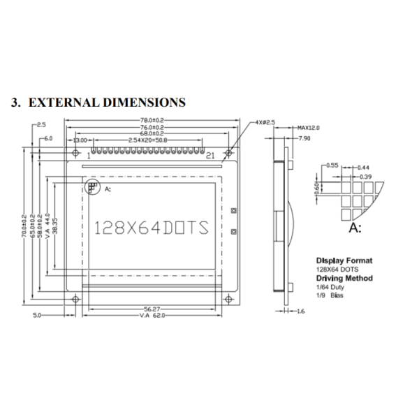 FSTN 6 O'Clock View Direction Monochrome 128X64 Dots Graphic LCD Display