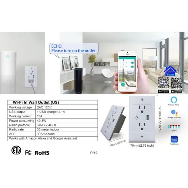 Us Abs Fireproof Material Valley No Hub Required Tuya Wifi Smart Usb Wall Socket Compatible With Google&Alexa