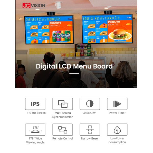 43 / 55inch Narrow Bezel Frame LCD Advertising Display Digital Menu Boards For Restaurants