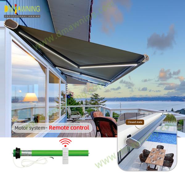 Outdoor Retractable Awning With Motor Control And LED Light Garden Canopy Sunshade Awning