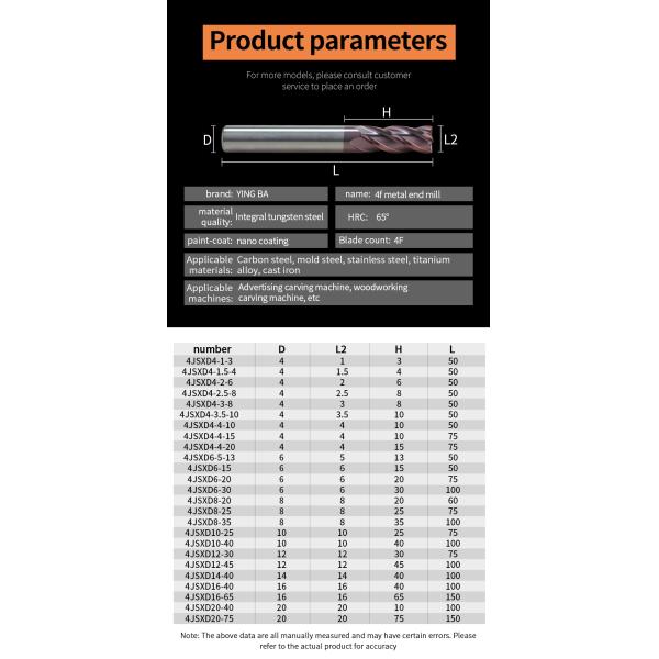 YINGBA CNC Router Bits Solid Carbide HRC 45/55/60/70 Metal Milling Cutter for Steel Iron Copper Aluminum Metal Cutter