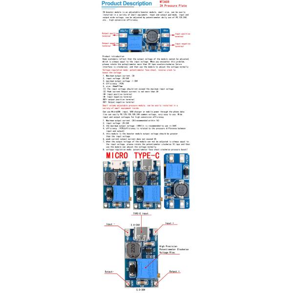 Creatall MT3608 DC-DC Boost Module 2A Boost Board Input Voltage 2-24V Output Voltage 30V