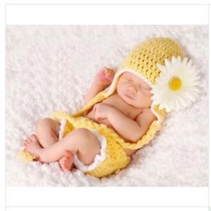 China yellow baby newborn hat cap sunflower Photography Prop Crochet Hats flower Costume on sale