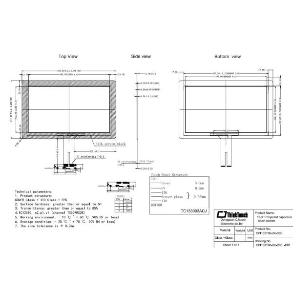 13.3 Inch 10 Point PCAP Touch Screen With 3mm Glass Vandal Proof