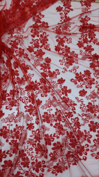 Buy French Chantilly Floral Red Beaded Lace Fabric , Hand Beaded Mesh Fabric For Wedding Dress at wholesale prices