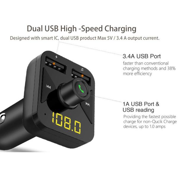 BLE 5.0 Hands Free Car Kit Fm Transmitter 5V 3.4A Wireless Handsfree Car Kit