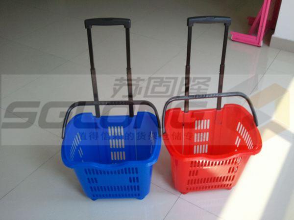 Buy Supermarket Plastic Shopping Basket With Wheels , Castor Rolling Shopping Basket at wholesale prices