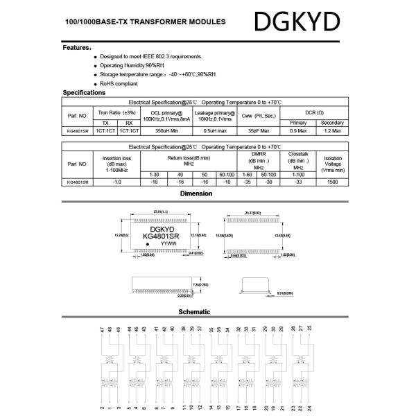 48 PIN SMD 100/1000 Cat6 Gigabyte Ethernet Transformer Modules KG4801SR