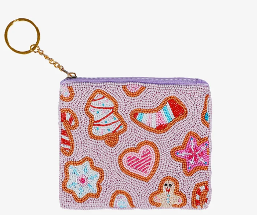 Compact coin bag with intricate beadwork secure top zip closure and gold tone key ring ideal for storing coins and small items
