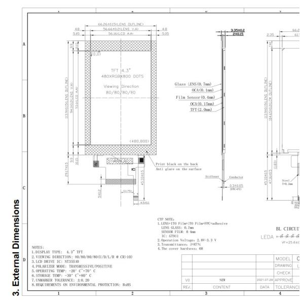 480x800 4.3inch IPS LCD Display RGB Vertical Stripe TFT LCD Module