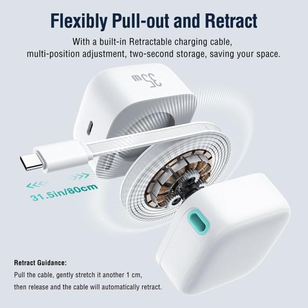 Eu Plug 35W PD GaN Type C Desktop Power Adapter With Magnetic Retractable Cable