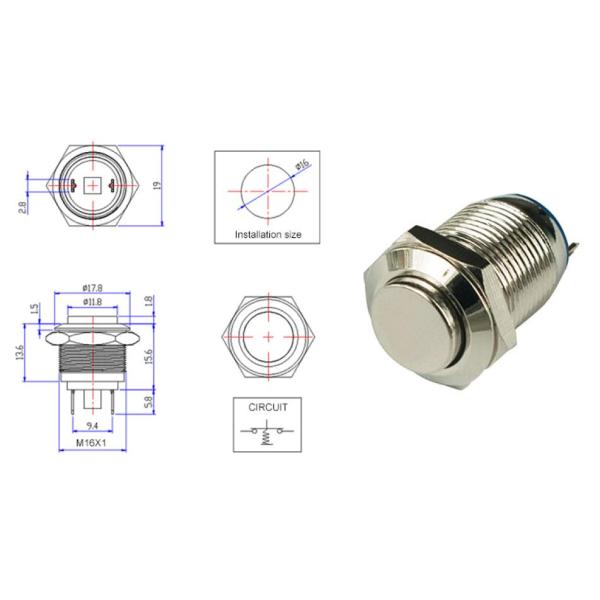 Small 16mm Latching Push Button Switch Metal IP65 Rating Round Shape