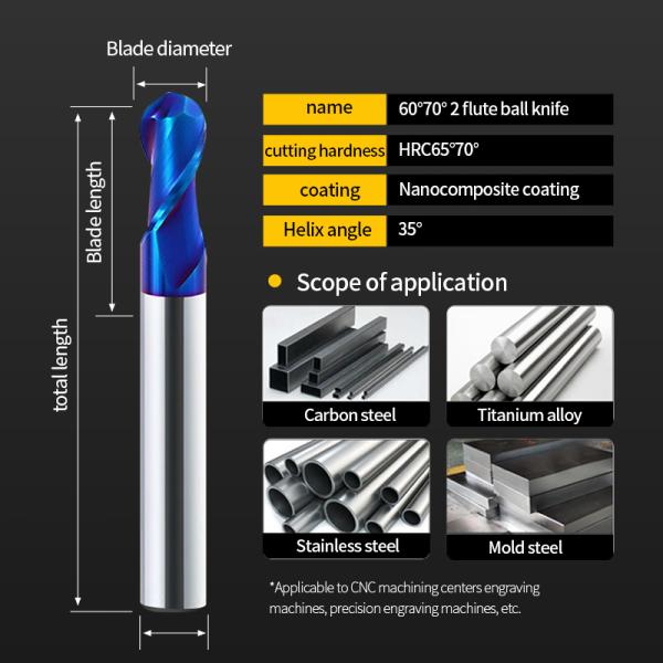 Manufacturer High Quality HRC55 65 2 Flute Solid Carbide Spiral Ball Nose Metal End Milling Cutter for Carving Metal OEM