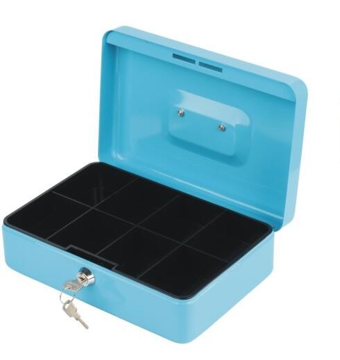 Factory Sales Blue Color 10" Metal Cash Box With Key Lock Money Coin Safe Box