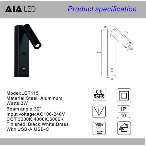 Reading wall lighting bedside led wall lamp double USB-A type-C for villa hotel headboard wall light bracket light