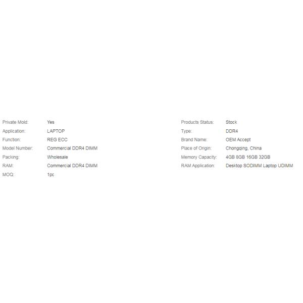 4GB 8GB 16GB High Speed Commercial DDR4 DIMM For REG ECC