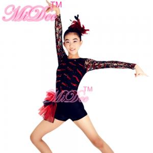 China Adult Jazz Costumes Sequined Lace Long Sleeve Leotard Shorts With Side Suttles on sale