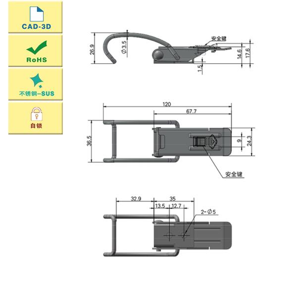 Mild Steel Cabinet Boxes Hasp Lock 4.72 Inch Spring Loaded Catch Toggle Latch