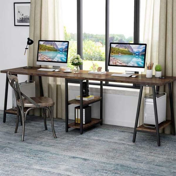 Metal Frame Modern Workstation Desk Brown Pvc Edging With Shelves
