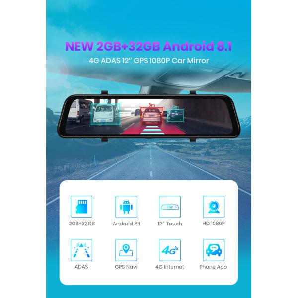 1080p 12 Inch 4G 2GB RAM HDR Dashcam Bluetooth android mirror dash cam
