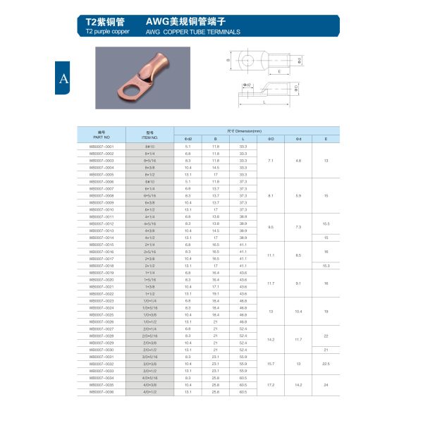 High Breaking Capacity Copper Ring Terminals for Battery Cable Ends AWG 2 4 6 8 10 Gauge