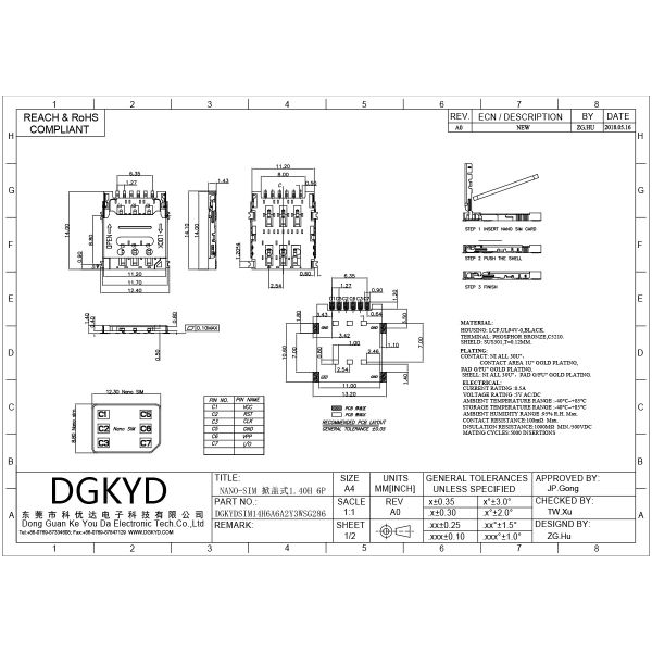 NANO-SIM Flip Top 1.40H 6P Telephone Booth DGKYDSIM14H6A6A2Y3WSG286