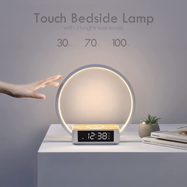 Touch Table Lamp with Wireless Charger, Nightstand Lamp with Clock, Wake-Up Light 3 Levels Brightness LED Night Light