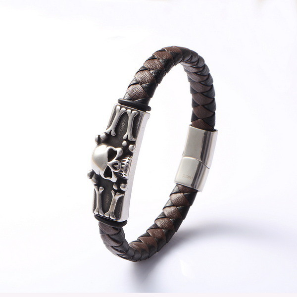 Skeleton Skull Brown Black Leather Creative Personality Stainless Steel Casting Trendy Leather Bracelet European and American Punk Skull Fashion