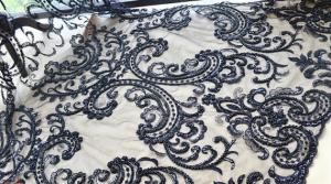 Quality Black Heavy Beaded Mesh Fabric By The Yard , Embroidered Net Fabric With Beads for sale