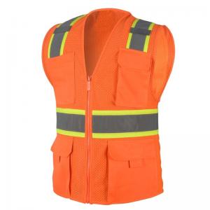 Quality Motorcycle High Visibility Orange Safety Vest Clothing Bulk Multi Pockets for sale